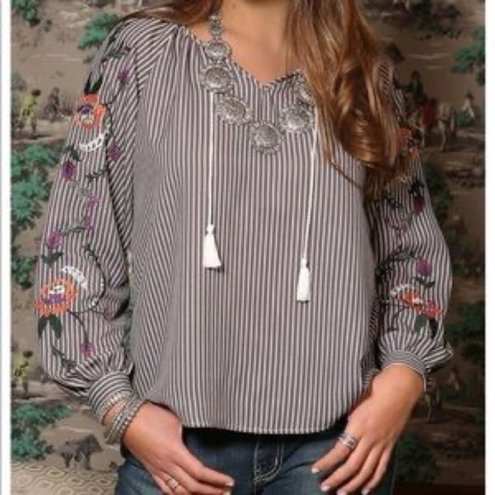 NWT Cruel Denim Gray & White Striped Floral Sleeve Blouse